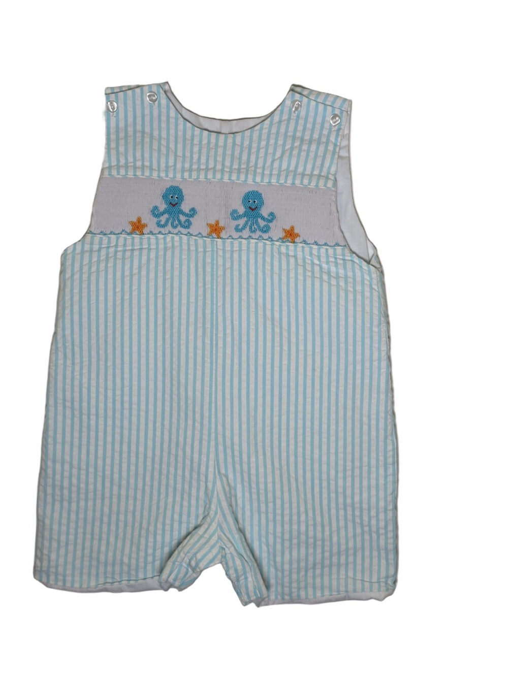 Velani Classics Aqua Blue Seersucker Smocked Octopus One-Piece Romper 3